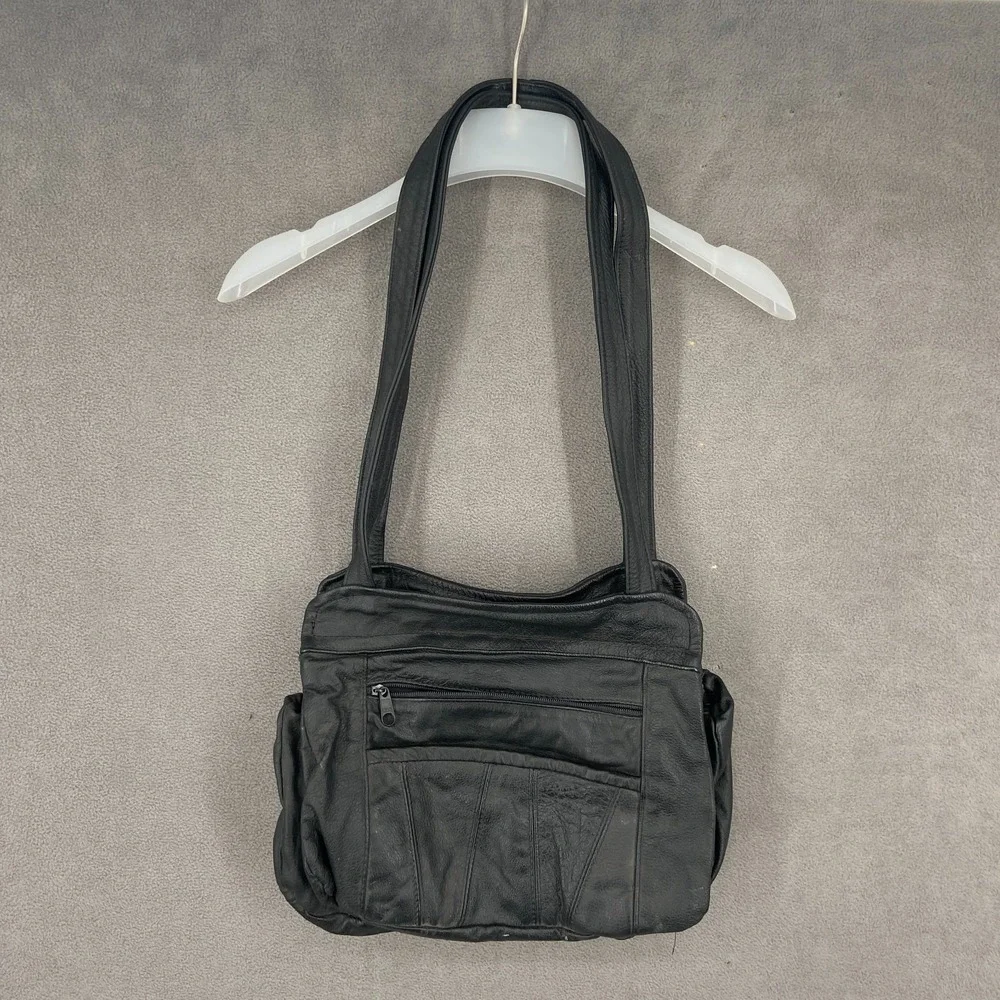 Vintage Unisex Black Leather Multiple Pockets Dual Carry Straps Shoulder Bag